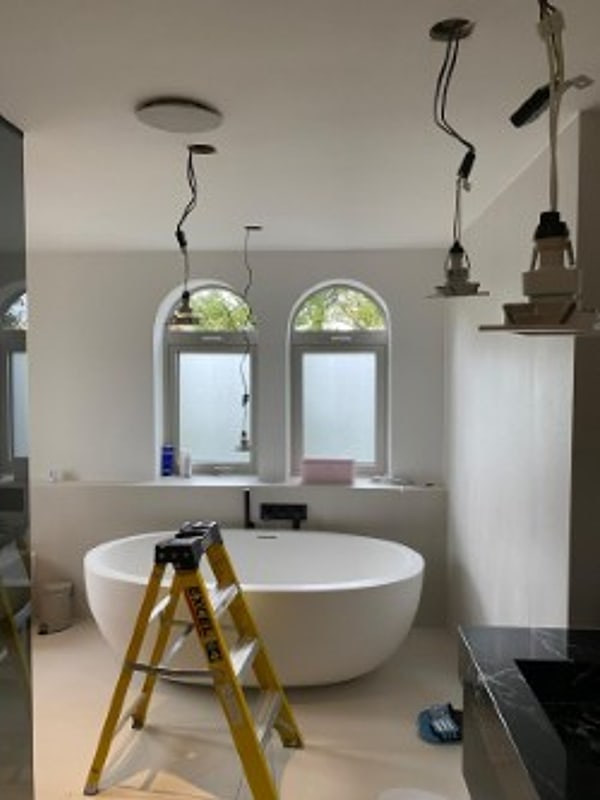 Bathroom part way through a rewire, new pendant drops and ceiling lights wired ready for fitting